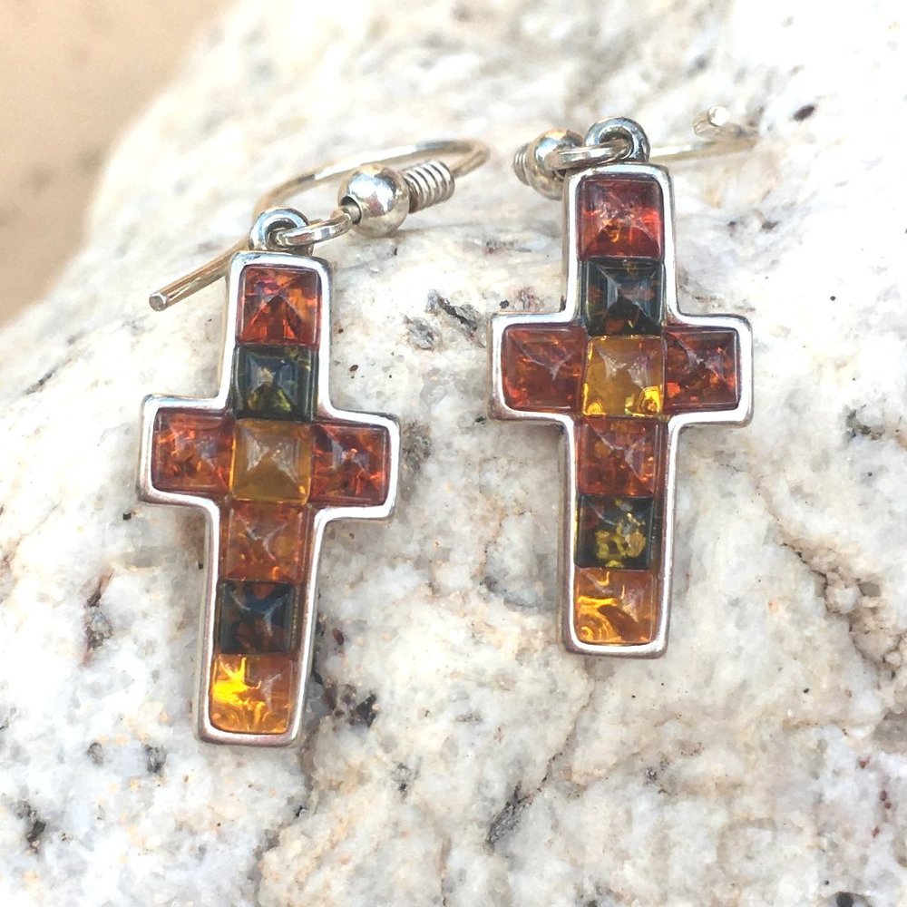 Baltic Amber .925 Cross Earrings Dangles Sterling Silver Multicolor